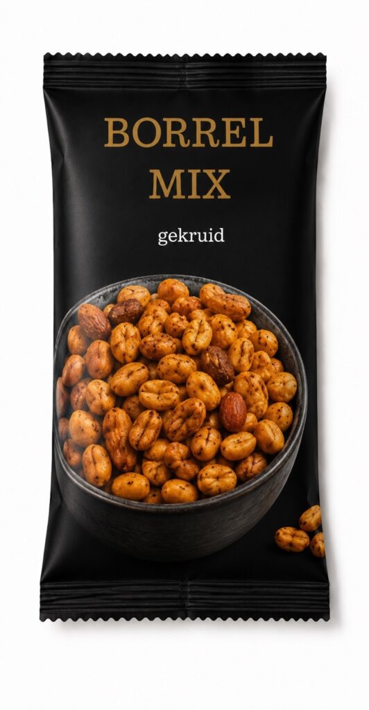 Zwart bedrukt notenzakje met gouden borrelmix-opdruk — maatwerk notenzakjes van Nootje