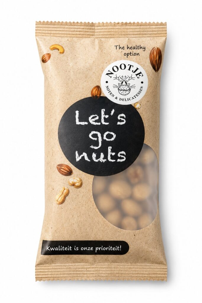 Kraft notenzakje met krijtbord-ontwerp Let's go nuts — maatwerk notenzakjes van Nootje
