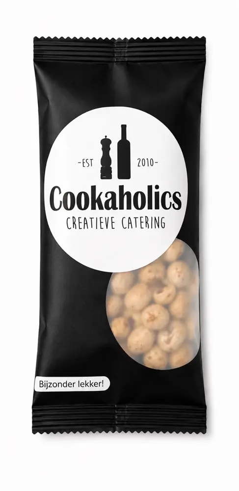 Bedrukt notenzakje voor Cookaholics catering — maatwerk notenzakjes van Nootje